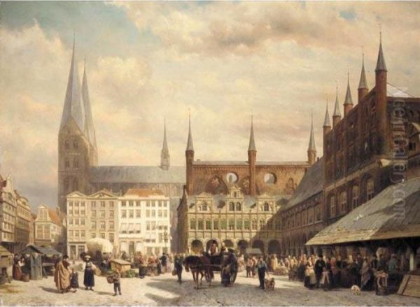 View Of Lubeck Market Oil Painting by Cornelis Springer