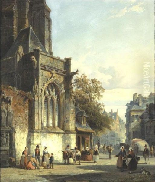 Town Square Before A Church: A Capriccio Oil Painting by Cornelis Springer