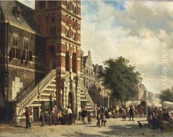 A View Of The Wijnhuistoren, Zutphen Oil Painting by Cornelis Springer