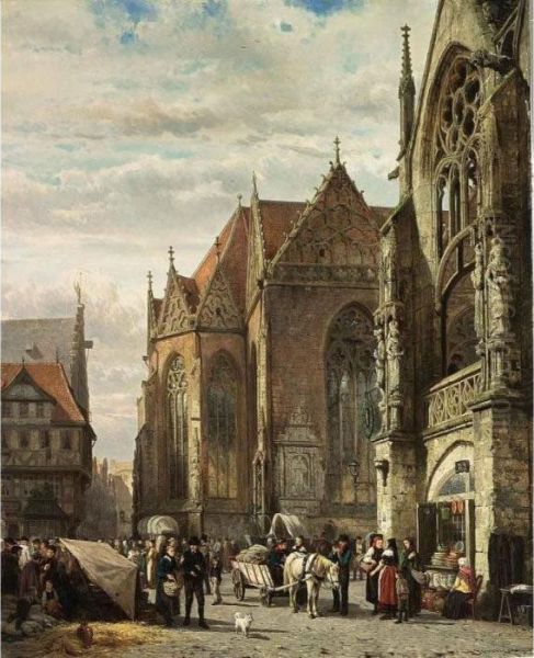 Many Figures On The Market Square In Front Of The Martinikirche, Braunschweig Oil Painting by Cornelis Springer