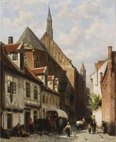 A Busy Street In Bremen With The Saint Johann Church In The Background Oil Painting by Cornelis Springer