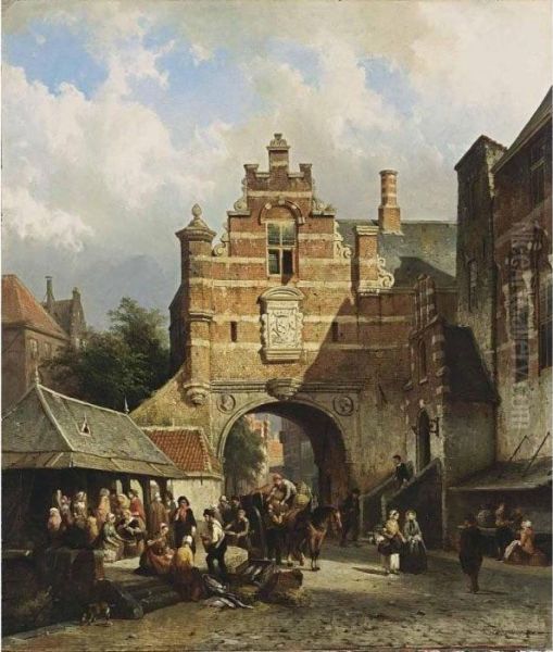 A Fishmarket In A Dutch Town Oil Painting by Cornelis Springer