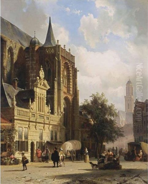 A View Of The Grote Markt, Zwolle Oil Painting by Cornelis Springer