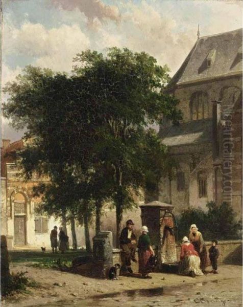 Figures Behind The Church, Woerden Oil Painting by Cornelis Springer