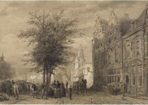 Markt Te Oudewater: A Farmers Market Oil Painting by Cornelis Springer