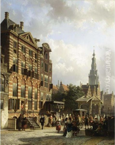 A View Of The Jodenbreestraat With The Rembrandthuis, Amsterdam Oil Painting by Cornelis Springer