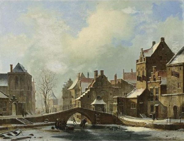 Skaters On A Frozen Canal In A Dutch Town Oil Painting by Cornelis Springer