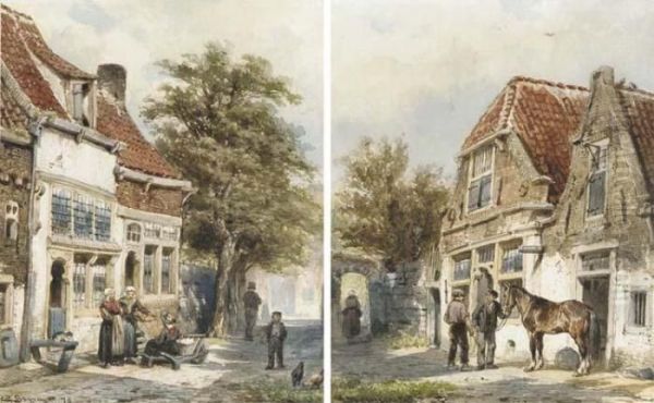 Washerwomen In A Village Street; And Grooms With A Horse Oil Painting by Cornelis Springer