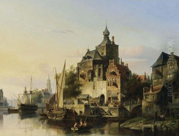 A Townview With Tall Ships And Figures On A Quay Oil Painting by Cornelis Springer