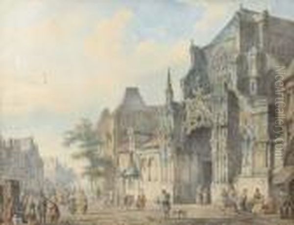 A Townview With Figures On A Church Square Oil Painting by Cornelis Springer