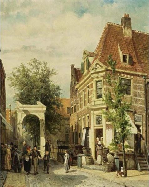 A Busy Street In Weesp Oil Painting by Cornelis Springer