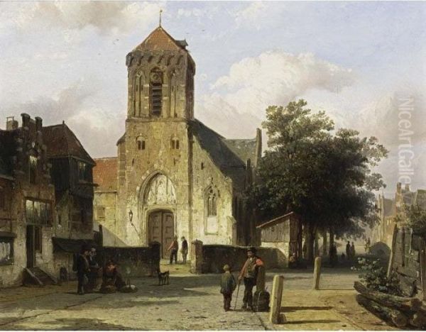 Figures In A Street, Elburg Oil Painting by Cornelis Springer