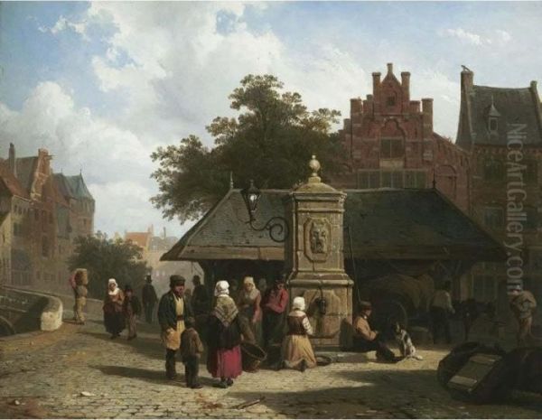 Figures In A Town Square Oil Painting by Cornelis Springer