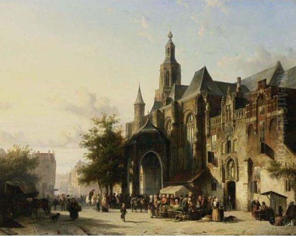 Many Figures On A Market Square In Front Of The St. Stevens Church, Nijmegen Oil Painting by Cornelis Springer