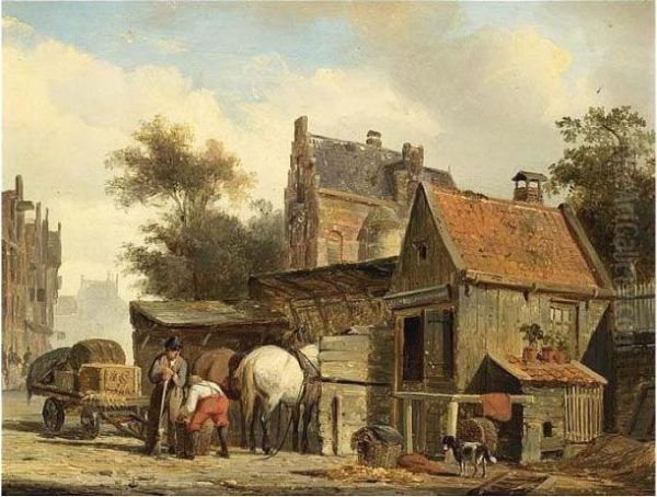 A Street Scene With A Blacksmith At Work Oil Painting by Cornelis Springer