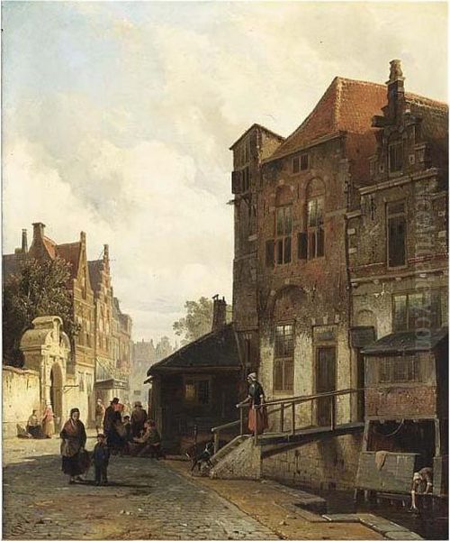 Villagers In A Dutch Town Oil Painting by Cornelis Springer