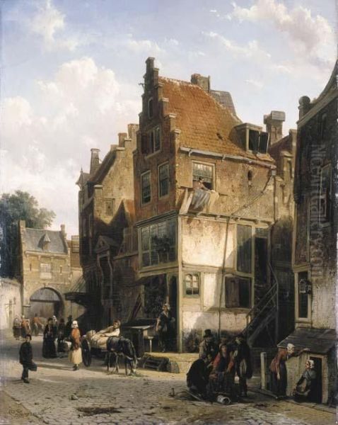 Stadsgezicht Met Figuren Oil Painting by Cornelis Springer