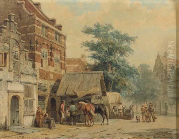 A View In A Street, Culemborg, With A Blacksmith At Work Oil Painting by Cornelis Springer