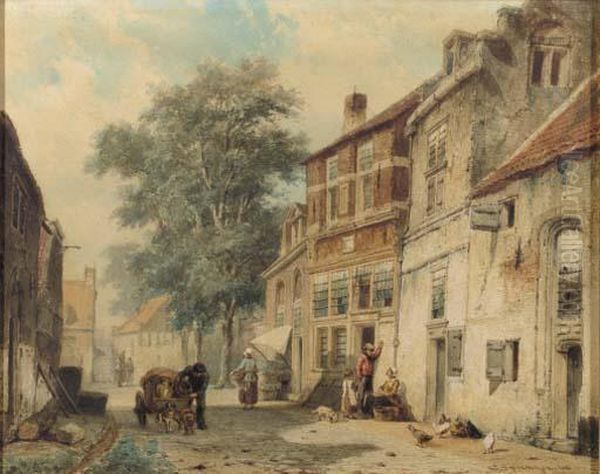 A Streetscene In Culemborgh With A Dog-cart Oil Painting by Cornelis Springer