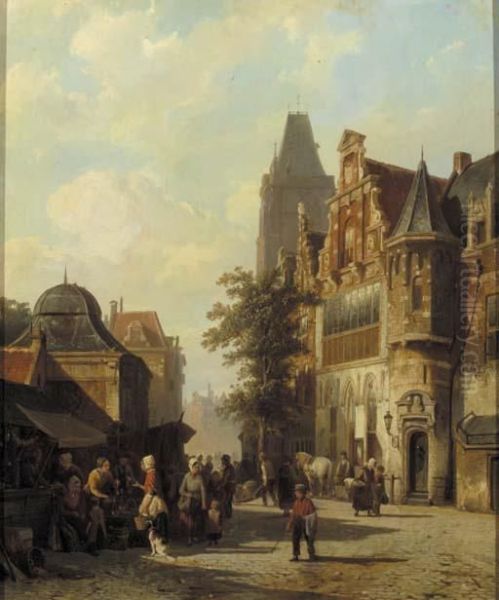 Townsfolk Gathered Around Market
 Stalls, A Capriccio View Ofwoerden's Cityhall In The Background Oil Painting by Cornelis Springer