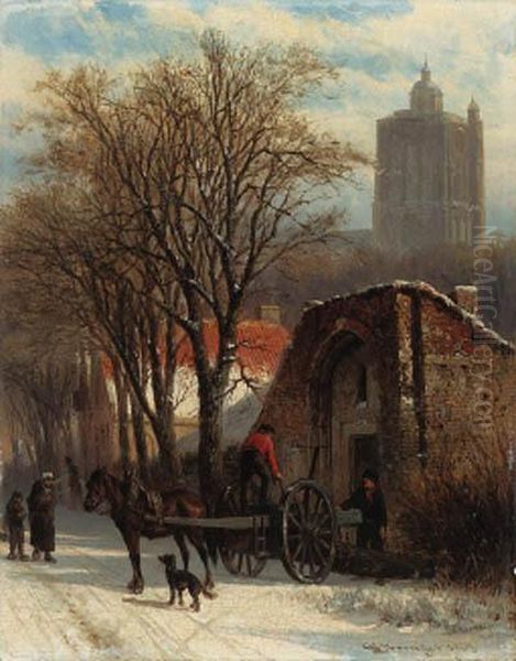 Brielle In Winter With A Figure Unloading A Cart Oil Painting by Cornelis Springer