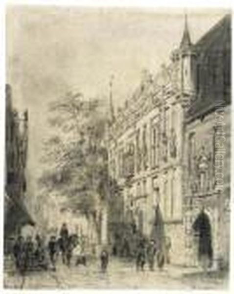 The Townhall At Kampen With Figures In A Street Oil Painting by Cornelis Springer