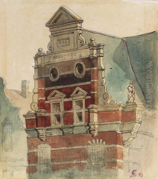 A Study Of The Top Of The West Facade Of The Town Hall, Thehague Oil Painting by Cornelis Springer