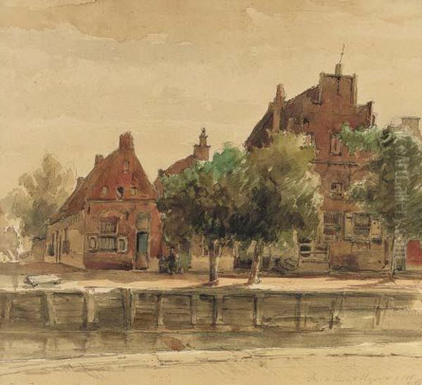 Houses By The Harbour At Hasselt, Overijssel Oil Painting by Cornelis Springer