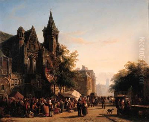 Numerous Townsfolk At The Market On The Church Square Oil Painting by Cornelis Springer