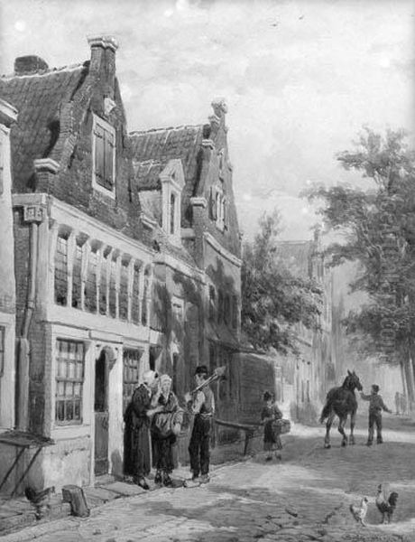 A Streetscene With Villagers Conversing On A Doorstep Oil Painting by Cornelis Springer