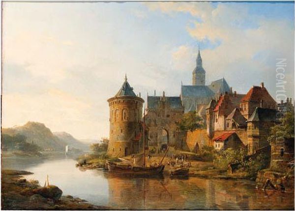 A View Of A Town Along The Rhine Oil Painting by Cornelis Springer