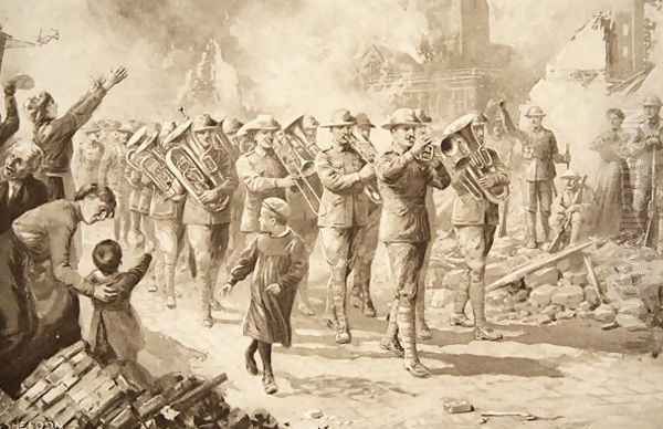 The Music of Triumph: Victorious Australians entering Bapaume, 17th March 1917 Oil Painting by Charles Mills Sheldon