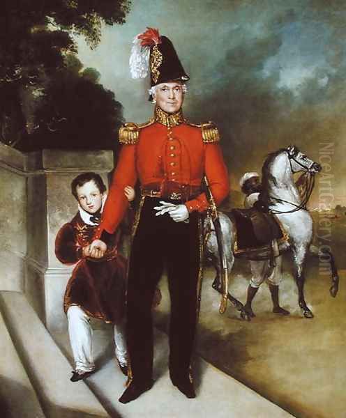 General Sir James Dennis 1778-1855 with his son, a syce leading away his charger 1843 Oil Painting by Heinrich Schaeffer