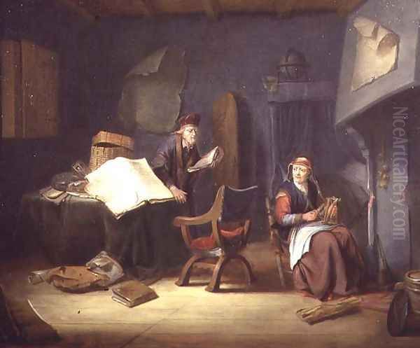 Interior with a scholar and an old lady spinning Oil Painting by Jacob van Spreeuwen