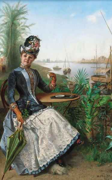 Taking tea by the banks of the river Nile, Egypt Oil Painting by Moritz Stifter