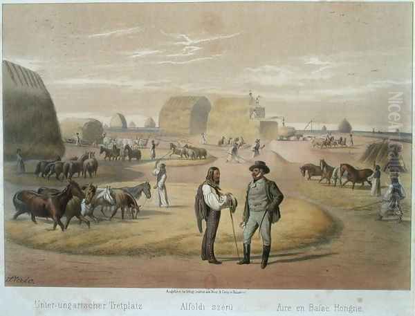 Threshing Wheat in Hungary, from a book by Baron Pronay, Budapest, 1855 Oil Painting by Karoly Sterio