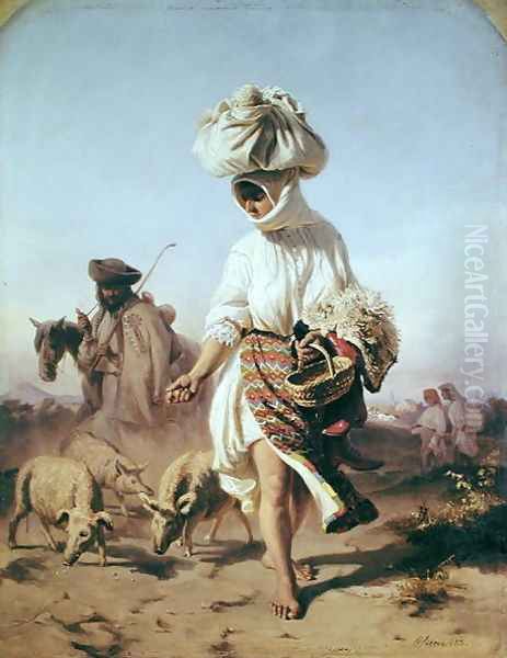 Peasant Girl Feeding Pigs, 1855 Oil Painting by Karoly Sterio