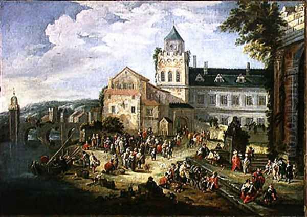 Market on the Banks of a River Oil Painting by Mathys Schoevaerdts