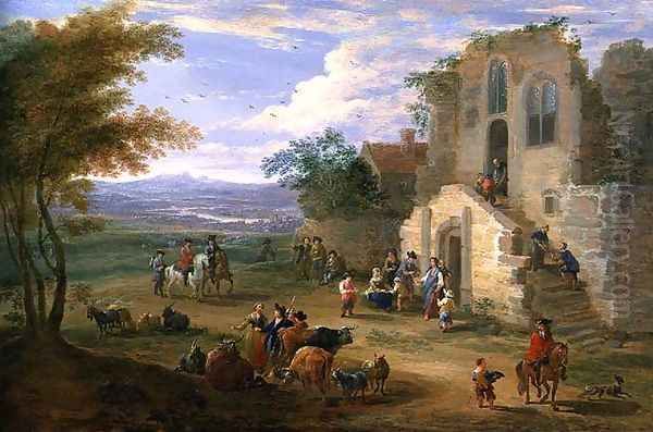 Villagers Conversing by a Ruined Church by Mathys Schoevaerdts