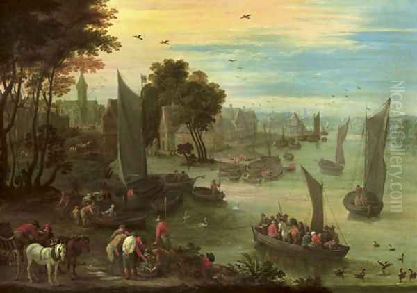 A river landscape with numerous figures in sailing boats, fishermen gathered around their catch in the foreground, a town beyond Oil Painting by Mathys Schoevaerdts