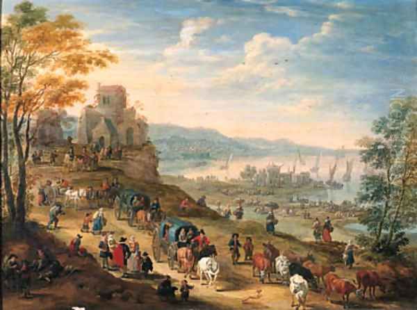 A coastal scene with drovers and their herds and travellers in horse-drawn carts on a path, a harbour with shipping beyond Oil Painting by Mathys Schoevaerdts