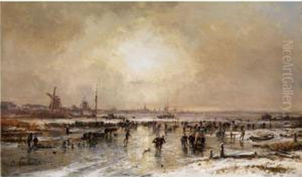 Eisvergnugen In Hollandischerwinterlandschaft Oil Painting by Adolf Stademann