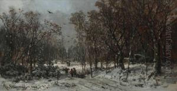 Reisigsammler Im Winterwald. Oil Painting by Adolf Stademann