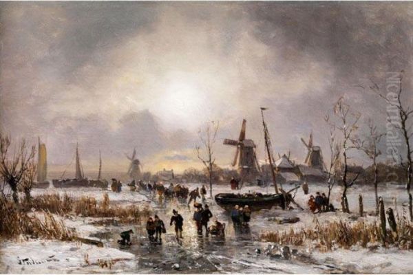 Eisvergnugen In Weiter Landschaft Mit Windmuhlen Oil Painting by Adolf Stademann