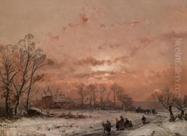 Winter Landscape At Sunset Oil Painting by Adolf Stademann