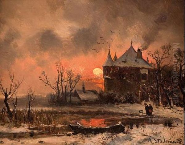 Pejzaz Zimowy Z Zamkiem O Zachodzie Slonca Oil Painting by Adolf Stademann