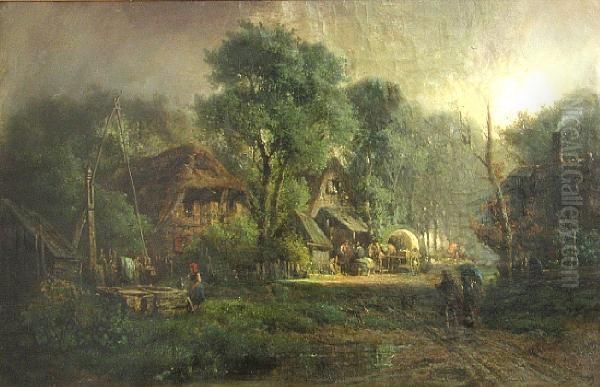 A Village Scene Oil Painting by Adolf Stademann