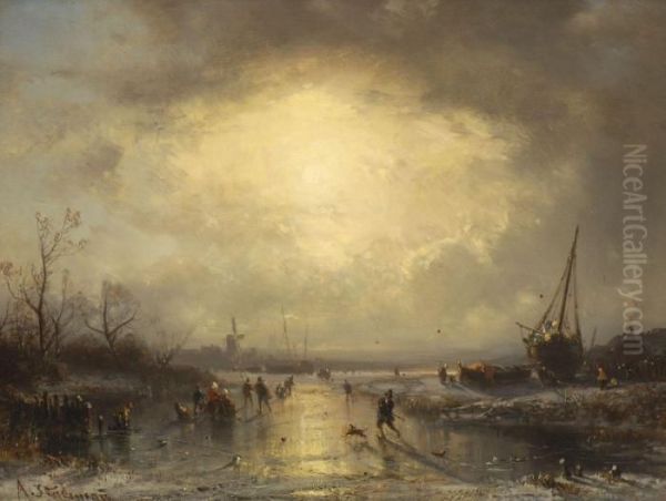 Hollandische Winterlandschaft Im Abendlicht Oil Painting by Adolf Stademann