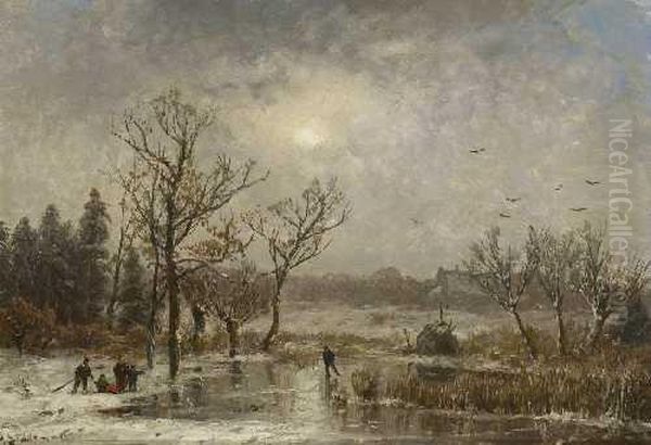 Wintervergnugen Auf Dem Teich Vor Dem Dorf Oil Painting by Adolf Stademann