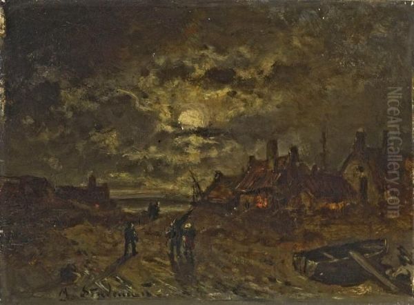 Fischerdorf Bei Mondlicht Oil Painting by Adolf Stademann